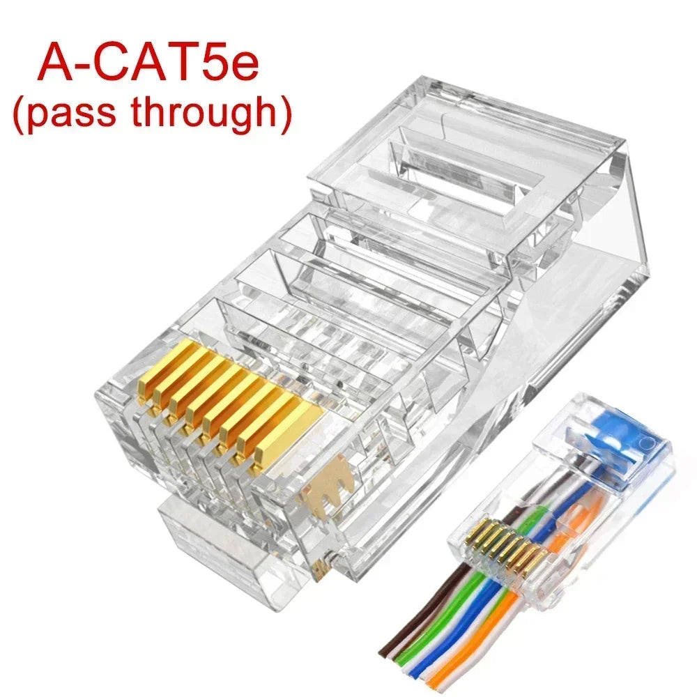 1-50Pcs, RJ45 CAT6 CAT5e Pass Through Connectors, Crystal End Gold-Plated 8P8C Crimp UTP Standard Ethernet Network Modular Plug