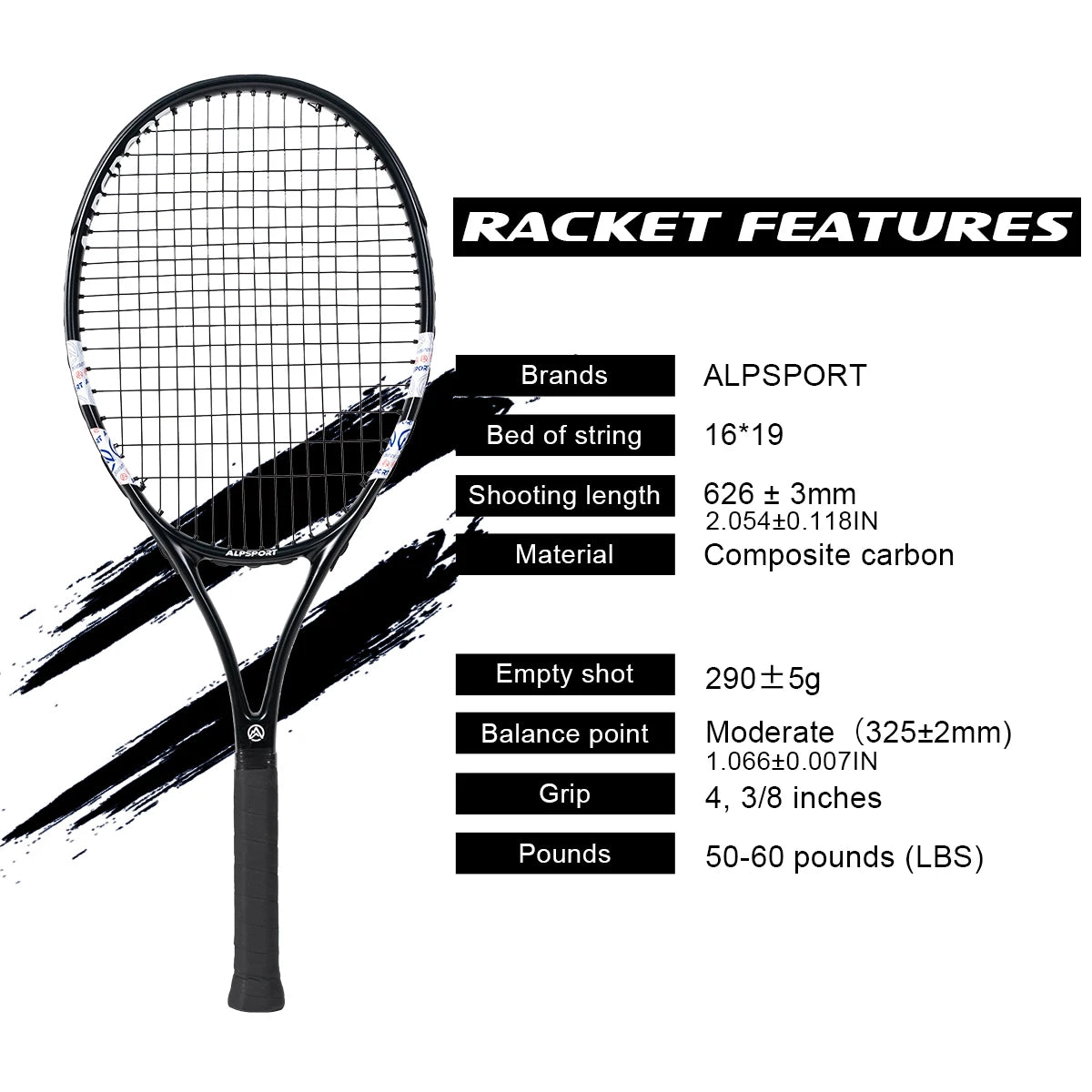 Carbon Fiber Tennis Racket, T800 18K-Professional Grade with Bag&Strap Lightweight Training Racquet for Adults Men&Women, ALPSPORT