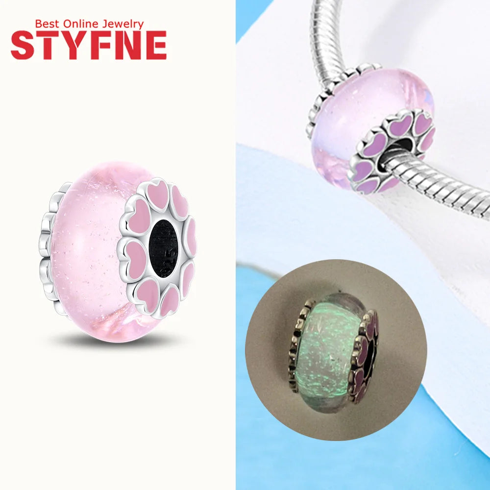 925 Sterling Silver Pink Color Series Beads Heart Flower Murano Glass DIY Jewelry Charms Fit Original Bracelet for Women Fine Gifts