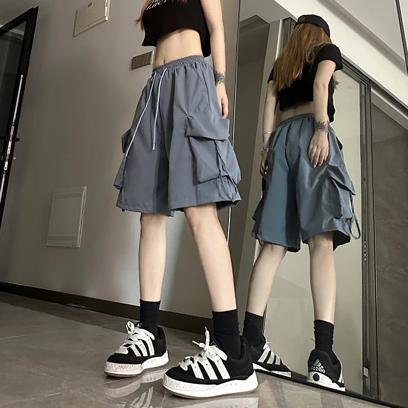 Women High Waist Cargo Shorts, American Style Streetwear, Summer Wide Leg Pants, Fashion Female Big Pocket Loose Shorts New, ZOKI
