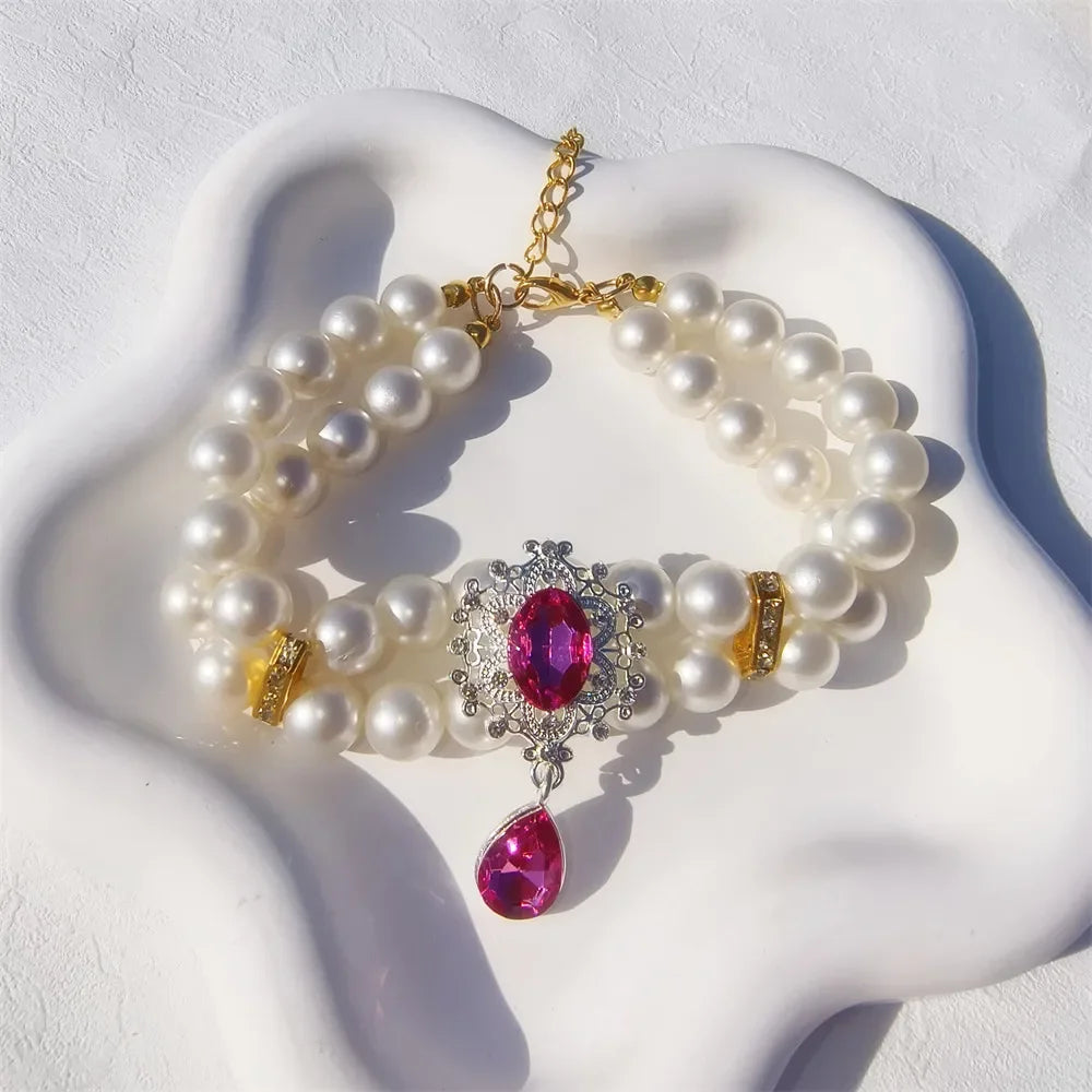 1 collar de perlas de doble capa de lujo para mascotas con colgante de diamante, disfraz de boda, perro, gato, accesorios de joyería de cristal, suministros para mascotas