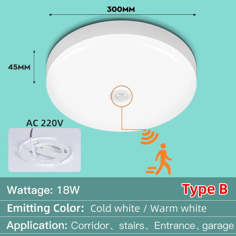 Led Ceiling Lamp With Motion Sensor, 40W 30W 20W 18W 15W 12W, Led Ceiling Light Fixtures For Entrance Balcony Corridor 110V 220V