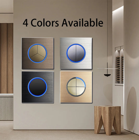 Wallpad Wall Switch 1 Way 2 Way, Circle Round Button, Blue LED Indicator, Brushed Aluminum Finishing, Black Gold Silver Brown