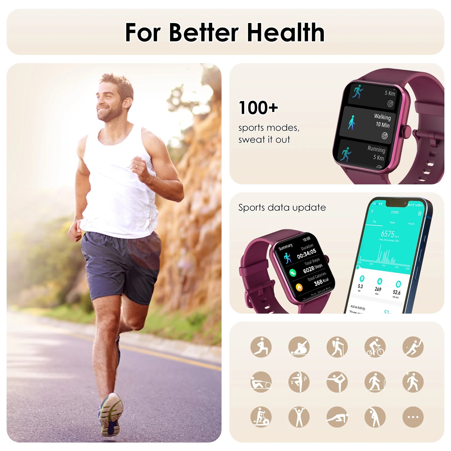 Blackview R50 Smart Watch, Heart Rate Monitor 1.85'' HD Screen, 100+ Sport Modes, Men Women, Outdoor Watch for IOS Android