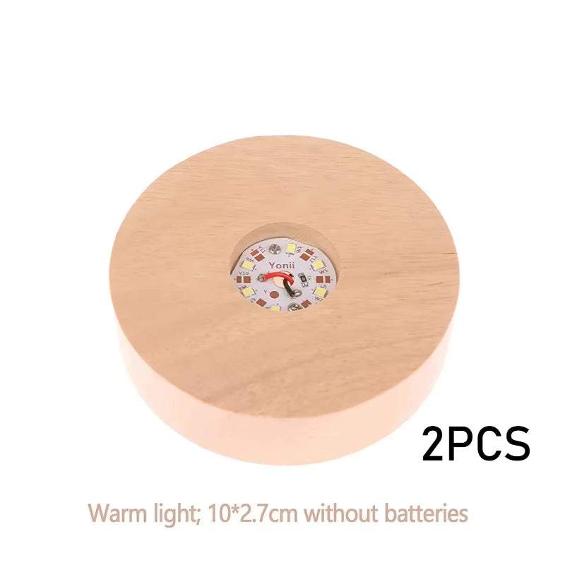 Battery Operated 8/10cm Round Wooden LED Light Dispaly Base Stand, Night Lamp Base, Crystal Glass Resin Art Ornaments