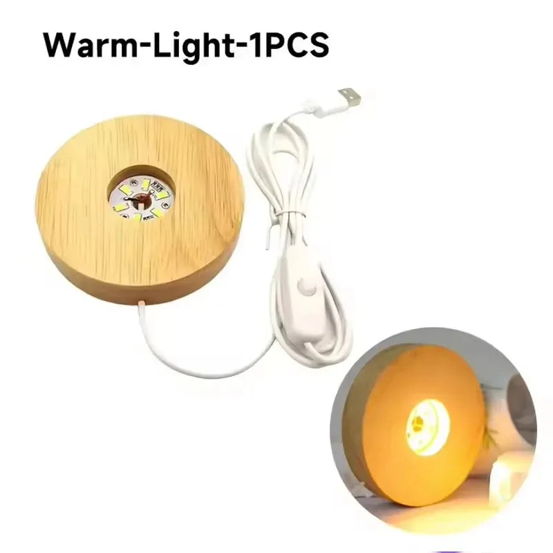 Battery Operated 8/10cm Round Wooden LED Light Dispaly Base Stand, Night Lamp Base, Crystal Glass Resin Art Ornaments