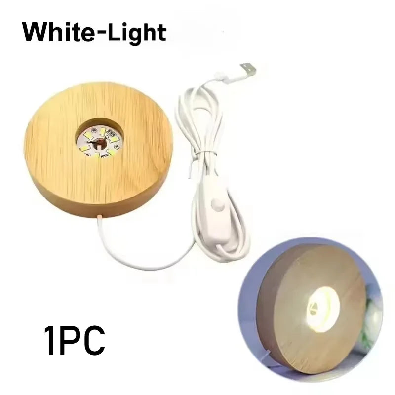 Battery Operated 8/10cm Round Wooden LED Light Dispaly Base Stand, Night Lamp Base, Crystal Glass Resin Art Ornaments