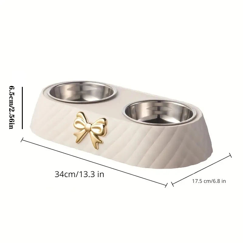 Pet Supplies, Bow-tie Bowknot Cats Food Bowl, PP Base Dog Bowl, Stainless Steel Double Pet Accessories, Feeding Drinking Double Bowl