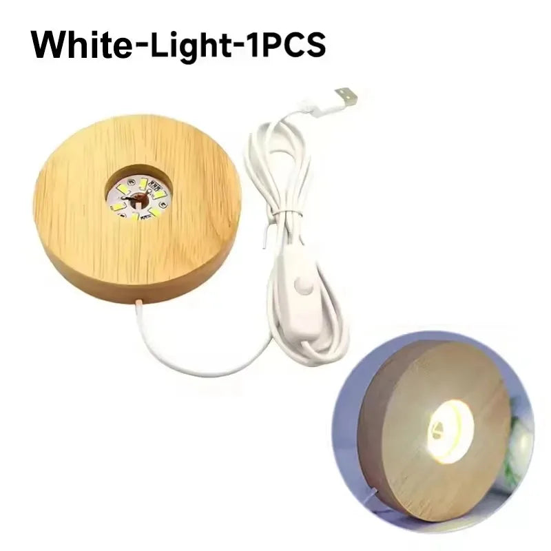 Battery Operated 8/10cm Round Wooden LED Light Dispaly Base Stand, Night Lamp Base, Crystal Glass Resin Art Ornaments