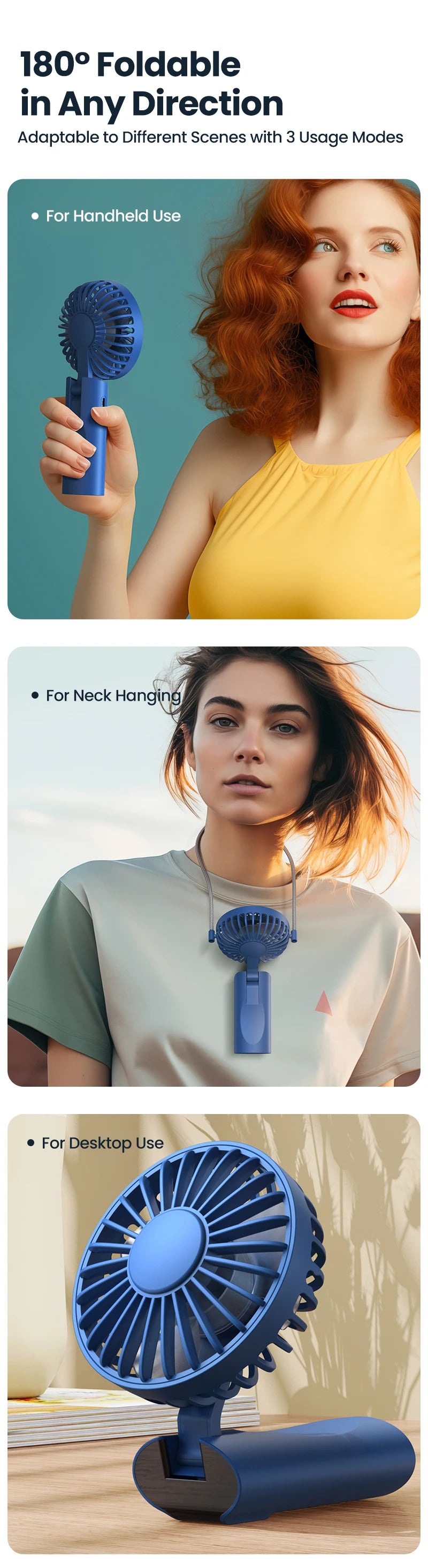 TOPK 5000mAh Mini Portable Fan USB Rechargeable Hand Held Fan,Small Pocket Fan 3 Speeds with Lanyard &Base, USB Desk Fan Foldable