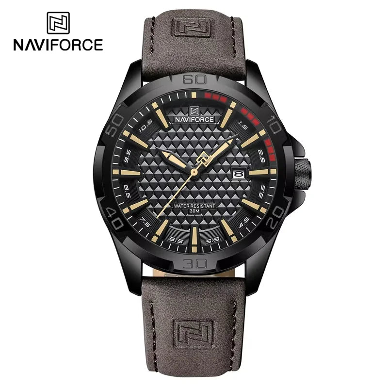 Men Fashion Quartz Watches, Male Leather Strap Sport Waterproof Wristwatches, Calendar Clock, Relogio Masculino, NAVIFORCE