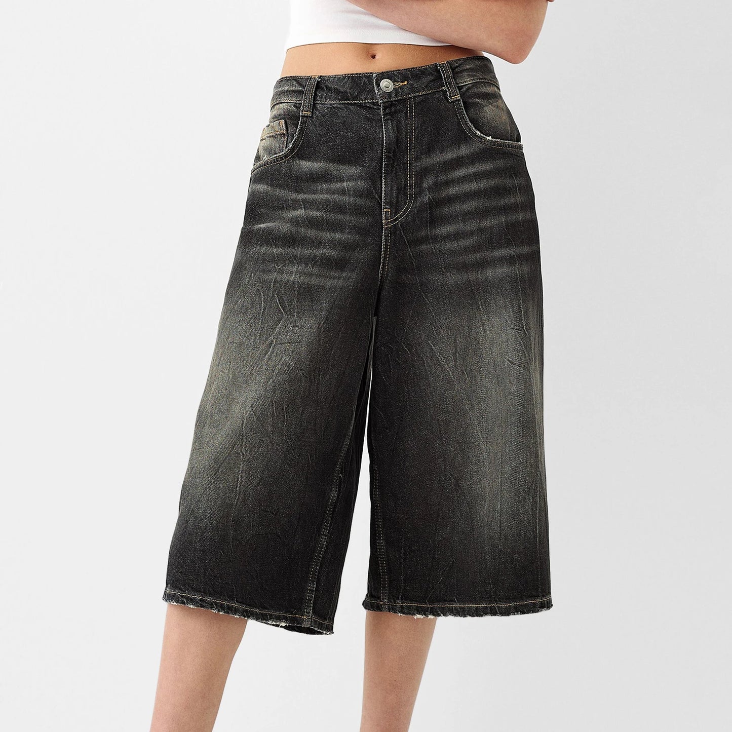Women's Trendy Knee Length Denim Shorts, Low Waisted Stretchy Bermuda Jean Shorts, Baggy Cargo Jorts Y2K Vintage Streetwear
