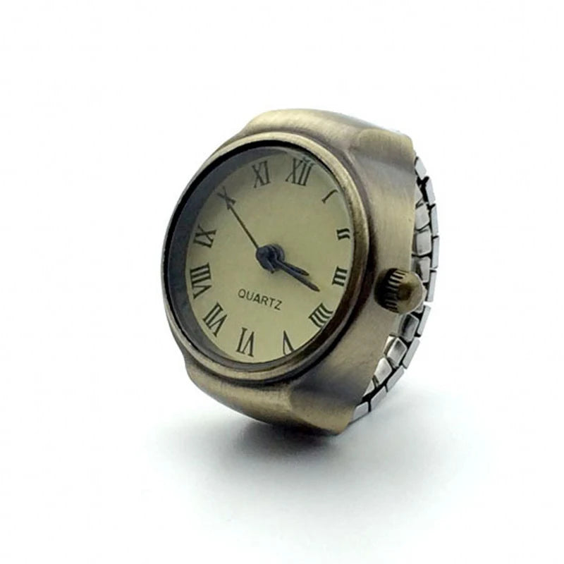 Vintage Punk Finger Watch, Mini Elastic Strap Alloy Watch, Couple Rings, Jewelry Clock, Retro Roman Quartz Watch Rings, For Women, For Men