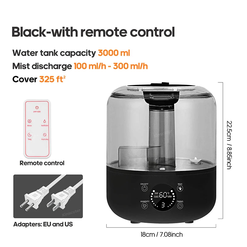 3Liter Air Humidifier Professional Large Capacity Home Humidifier, Plant Mist Aroma Diffuser with Remote Control Timer, KINSCOTER