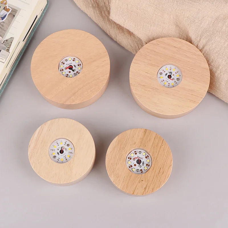 Battery Operated 8/10cm Round Wooden LED Light Dispaly Base Stand, Night Lamp Base, Crystal Glass Resin Art Ornaments
