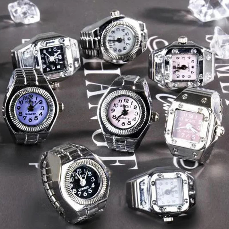 Vintage Punk Finger Watch, Mini Elastic Strap Alloy Watch, Couple Rings, Jewelry Clock, Retro Roman Quartz Watch Rings, For Women, For Men