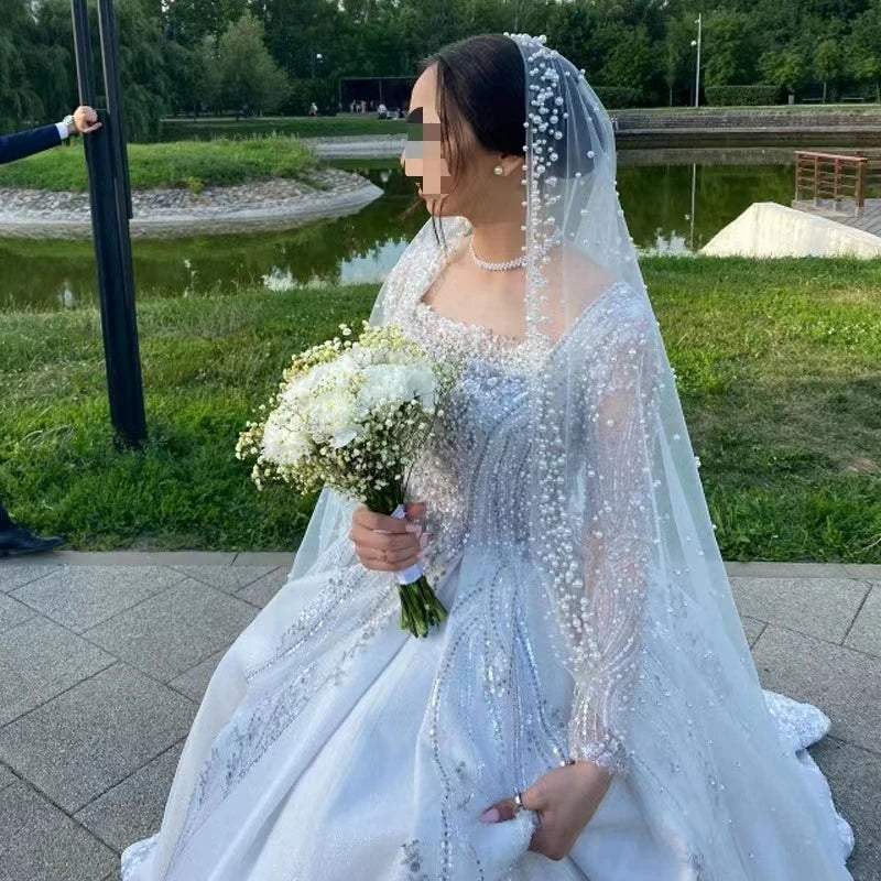 Bride Pearl Veil, Woman Ivory White, New Wedding Accessories, 1.5m Wide One Floor Cathedral Velos de Noiva, Custom Made Veil