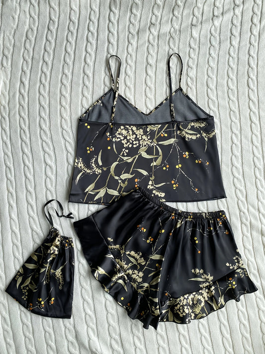Elegant Floral Print Cami Tops Ruffle Hem Shorts Pajama Set Women's Sleepwear Loungewear