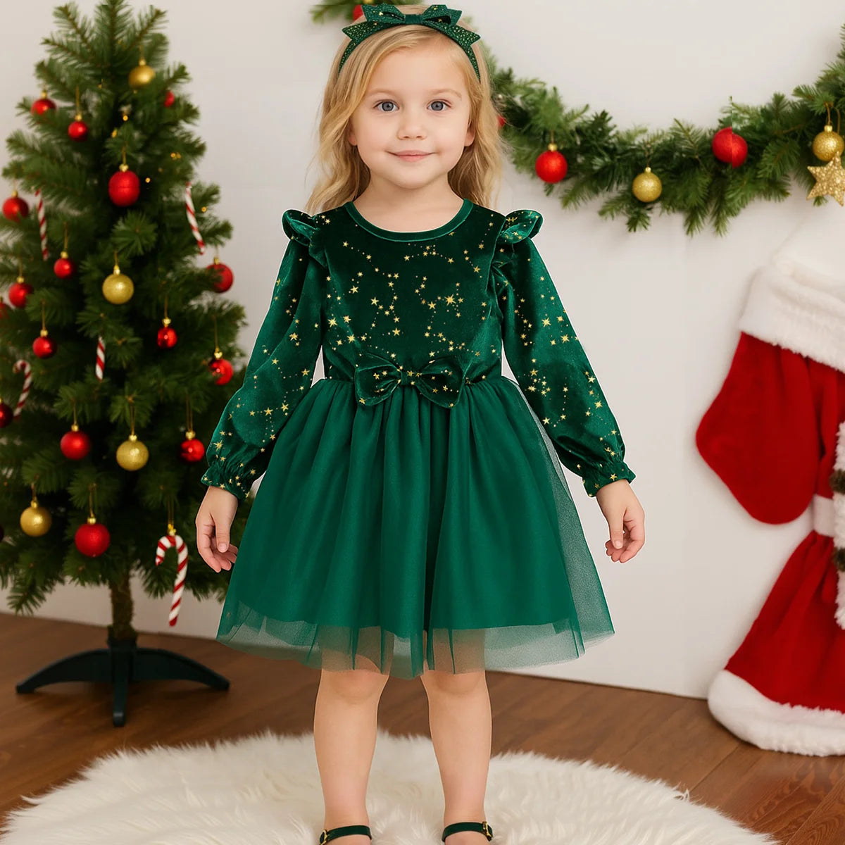 Girl's Autumn Winter Velvet Long-Sleeved Mesh Bow Princess Dress - New Year Children's Party Festive Dress