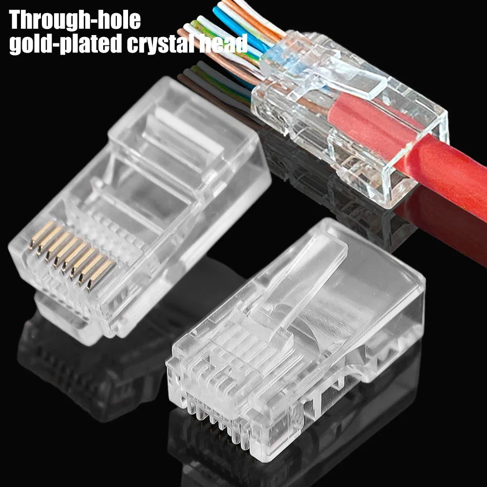 1-50Pcs, RJ45 CAT6 CAT5e Pass Through Connectors, Crystal End Gold-Plated 8P8C Crimp UTP Standard Ethernet Network Modular Plug