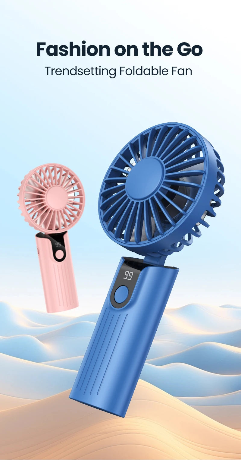 TOPK 5000mAh Mini Portable Fan USB Rechargeable Hand Held Fan,Small Pocket Fan 3 Speeds with Lanyard &Base, USB Desk Fan Foldable