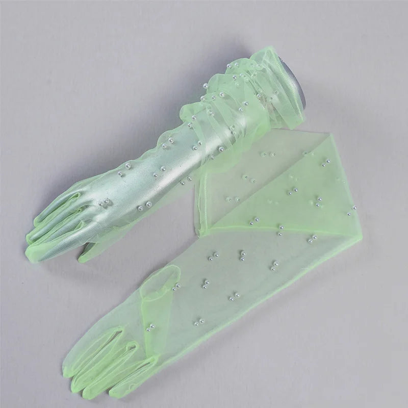 55 cm Transparent Wedding Gloves Pearls Long Elbow Mittens Mesh Arm Covers Women Party Bridal Dress Accessories Photo Props