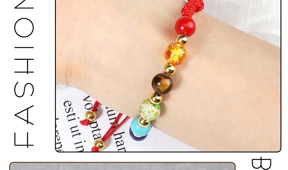 Reiki 7 Chakra Bracelet, Natural Stone Rope, Braided Yoga Healing Gold Color Copper Beads Bracelets & Bangles Meditation Jewelry