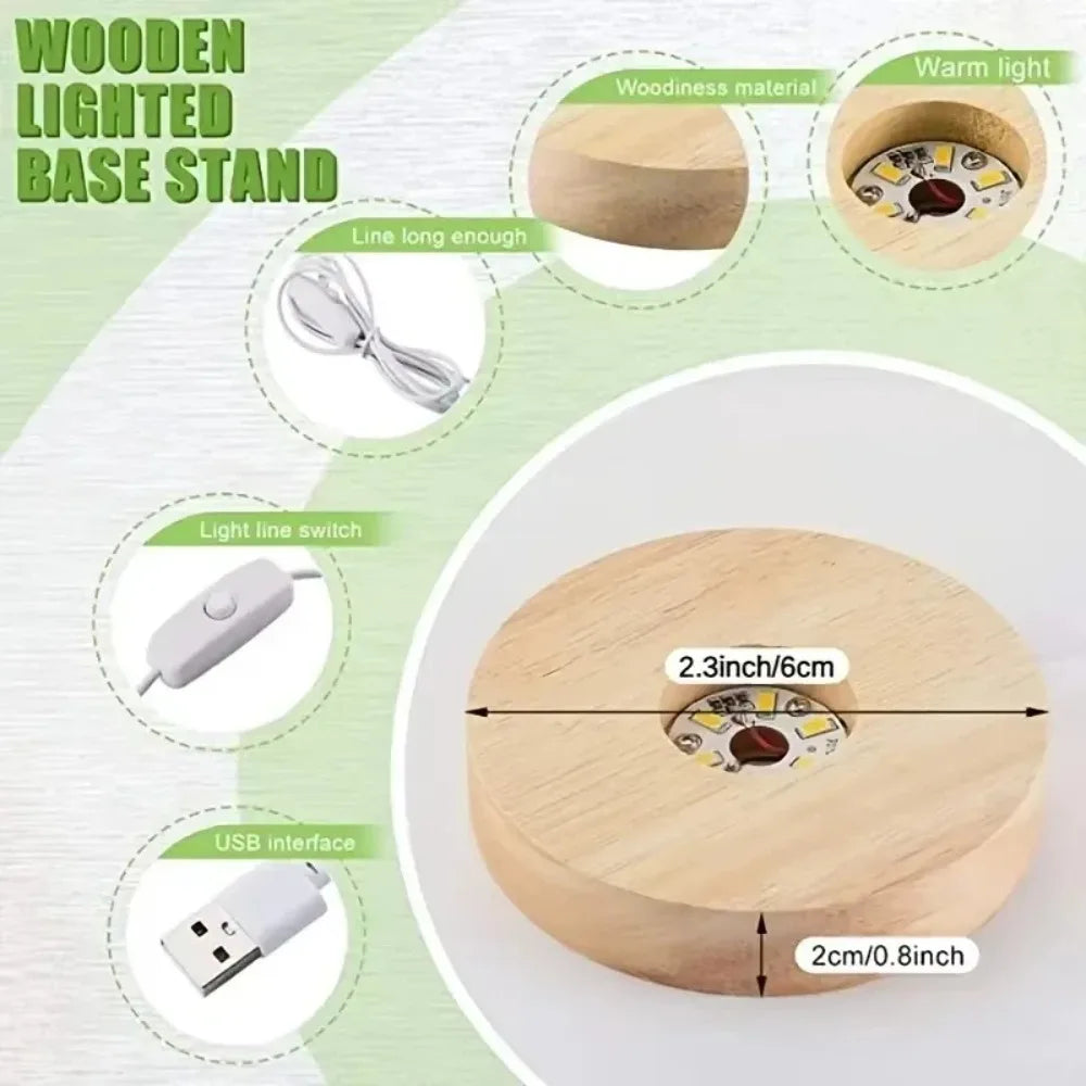 Battery Operated 8/10cm Round Wooden LED Light Dispaly Base Stand, Night Lamp Base, Crystal Glass Resin Art Ornaments