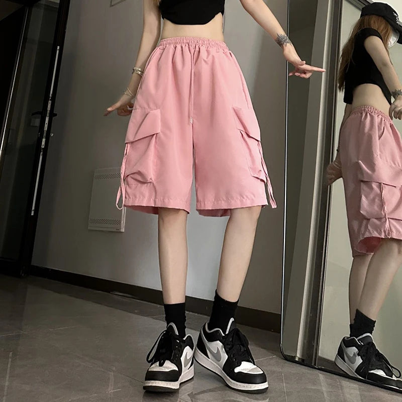 Women High Waist Cargo Shorts, American Style Streetwear, Summer Wide Leg Pants, Fashion Female Big Pocket Loose Shorts New, ZOKI