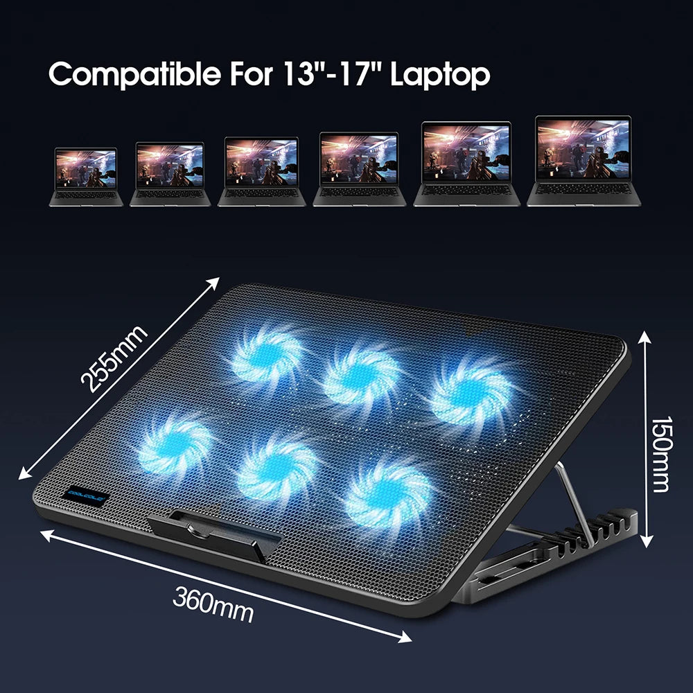 Coolcold 15.6-17.3-inch Laptop Cooling Pad with 6 Quiet Fans, 7-Level Height and Wind Speed Adjustable, Laptop Cooler with Mobile Phone Holder