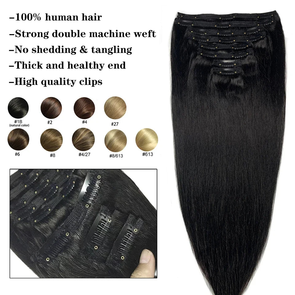 Clip In Hair Extensions, Human Hair Brazilian Straight Clip In Natural Black Color, Clip-In Remy Hair 20 22 24 26 Inch 4# Women