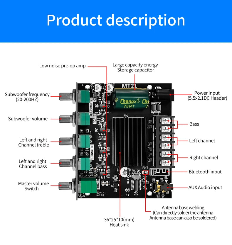 2.1 Channel Bluetooth 5.0, 2.1 Subwoofer Amplifier Board, 50W X 2+100W Power Audio Stereo Amplifier Board Bass AMP AUX
