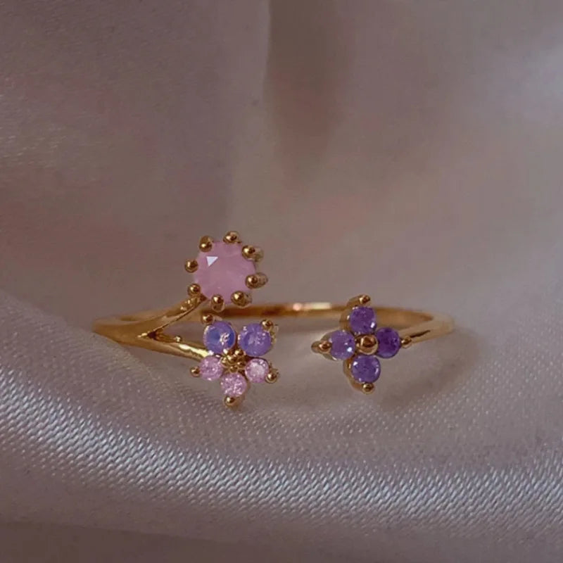 New Cute Colorful Zircon Flower Ring For Women Girl, Fashion Vintage Zircon Adjustable Rings, Jewelry Gift