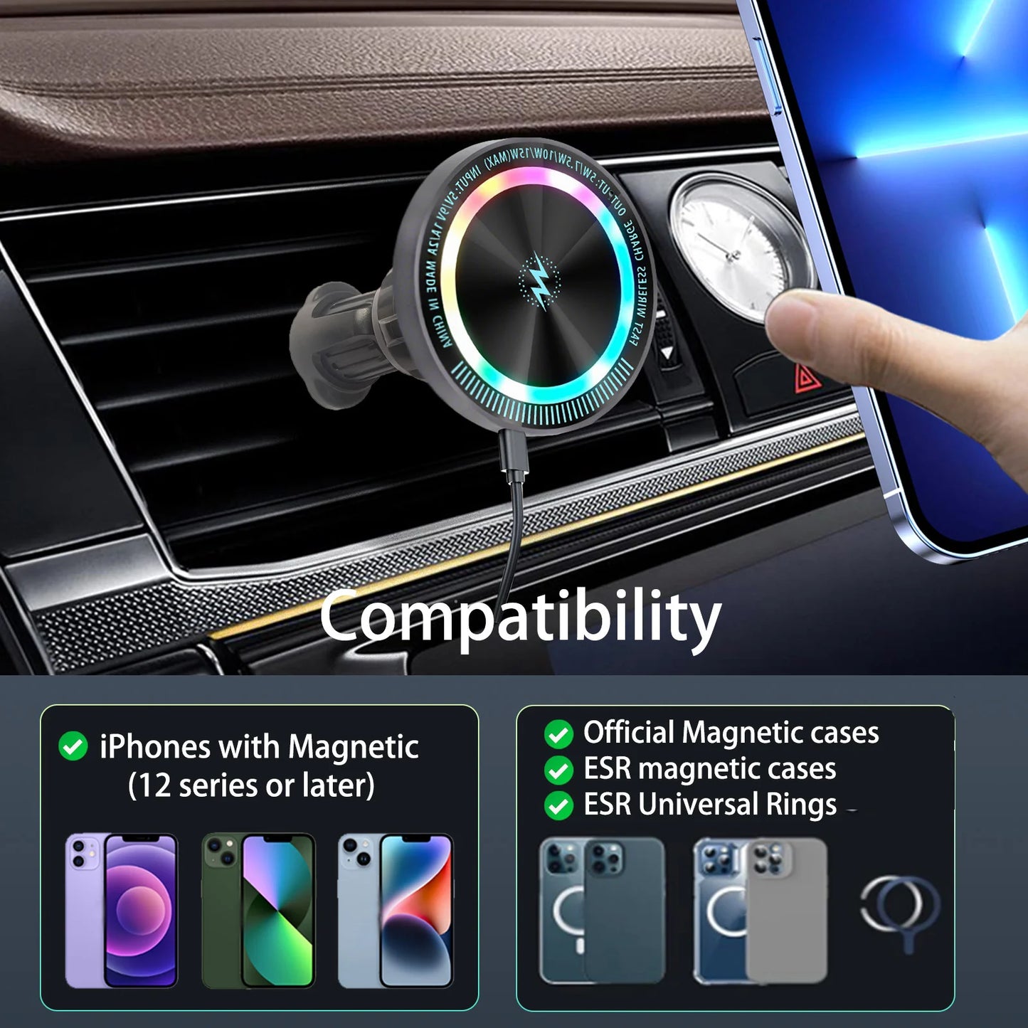 Magnetic Car Phone Holder, 15W wireless charge Vent Magsafe Ring Car MountFit for iPhone 14 13 12 Pro Plus, Mini MagSafe Case