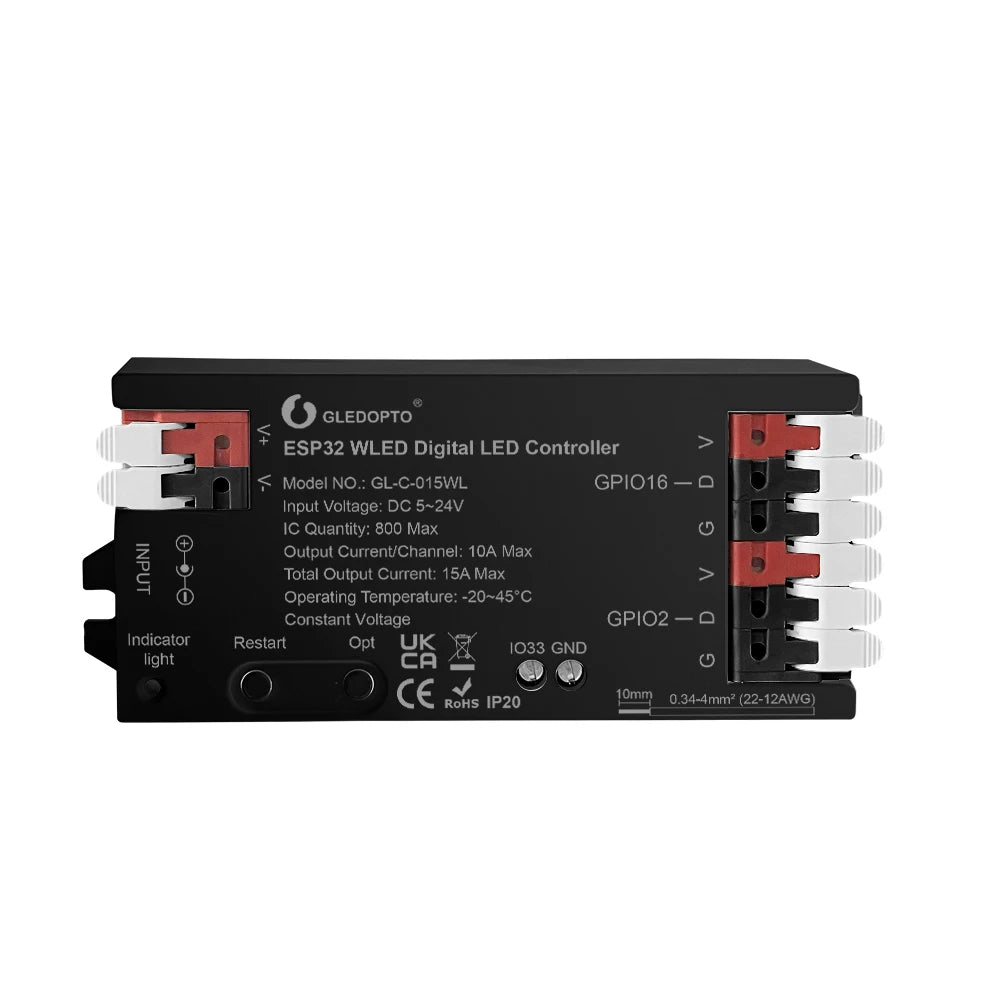 WLED LED Controller, ESP32, Mic Music UART RGB IC Digital Lights Addressable String Lighting, GLEDOPTO