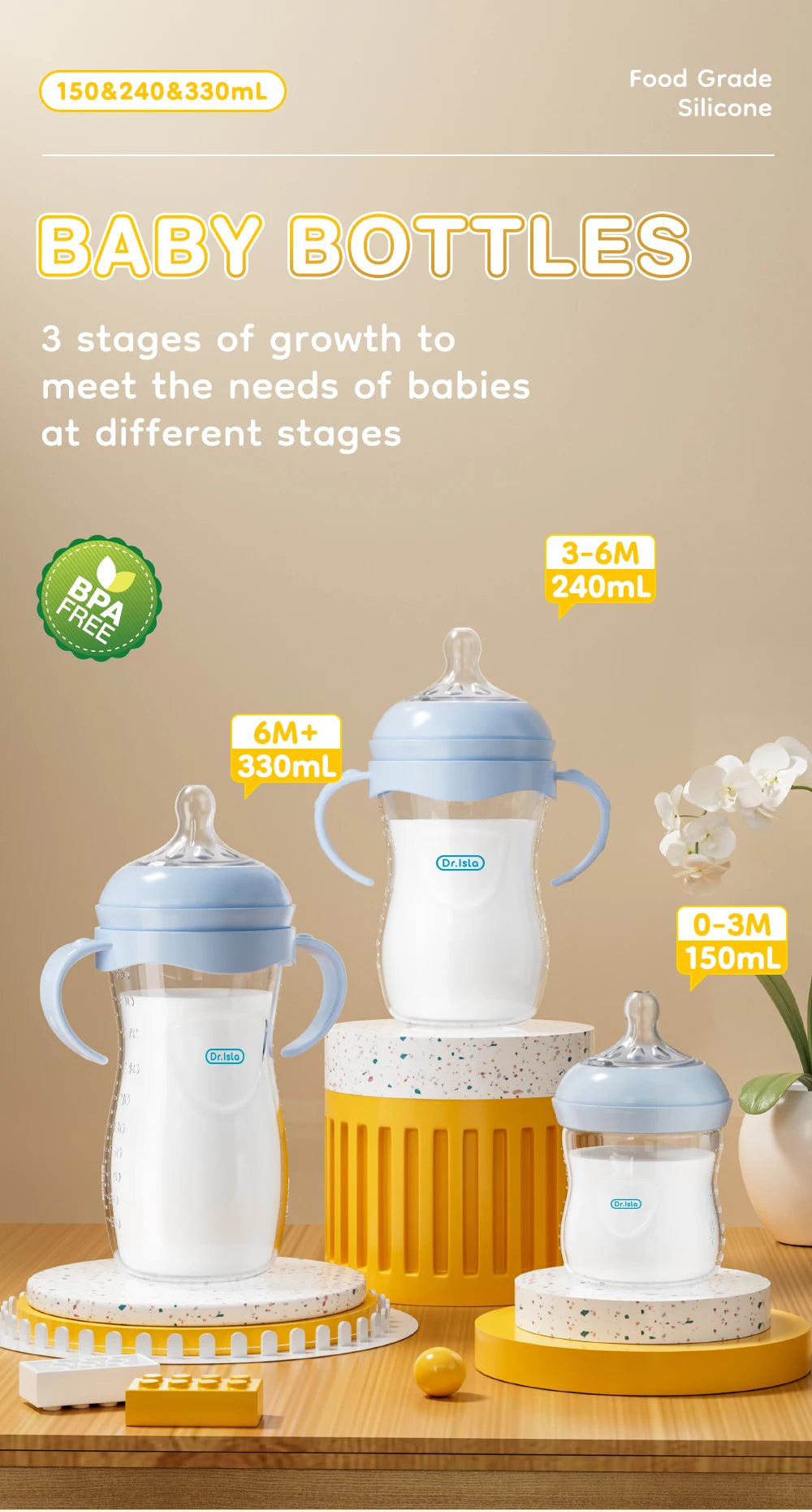 150/240/330ml, Baby Bottle With Handle Anti-bloating&Anti-drop, Clear Scale Milk Bottle Feeding Baby Bottles, BPA-FREE PP15