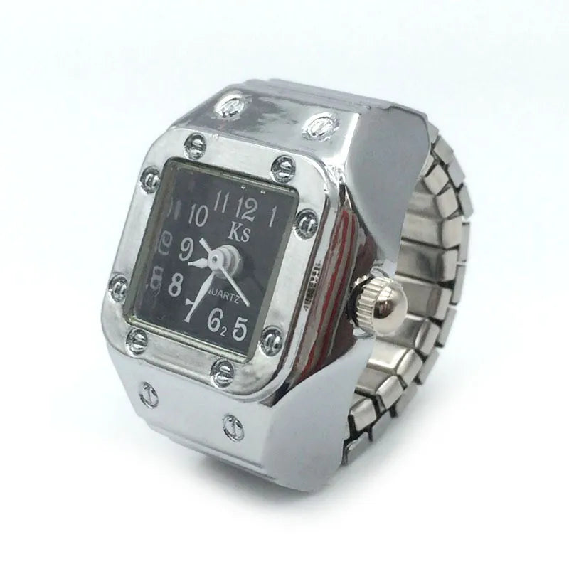 Vintage Punk Finger Watch, Mini Elastic Strap Alloy Watch, Couple Rings, Jewelry Clock, Retro Roman Quartz Watch Rings, For Women, For Men
