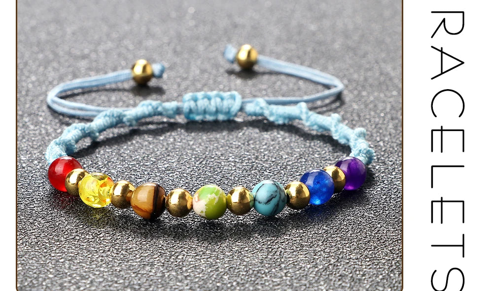 Reiki 7 Chakra Bracelet, Natural Stone Rope, Braided Yoga Healing Gold Color Copper Beads Bracelets & Bangles Meditation Jewelry