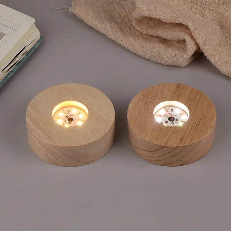 Battery Operated 8/10cm Round Wooden LED Light Dispaly Base Stand, Night Lamp Base, Crystal Glass Resin Art Ornaments