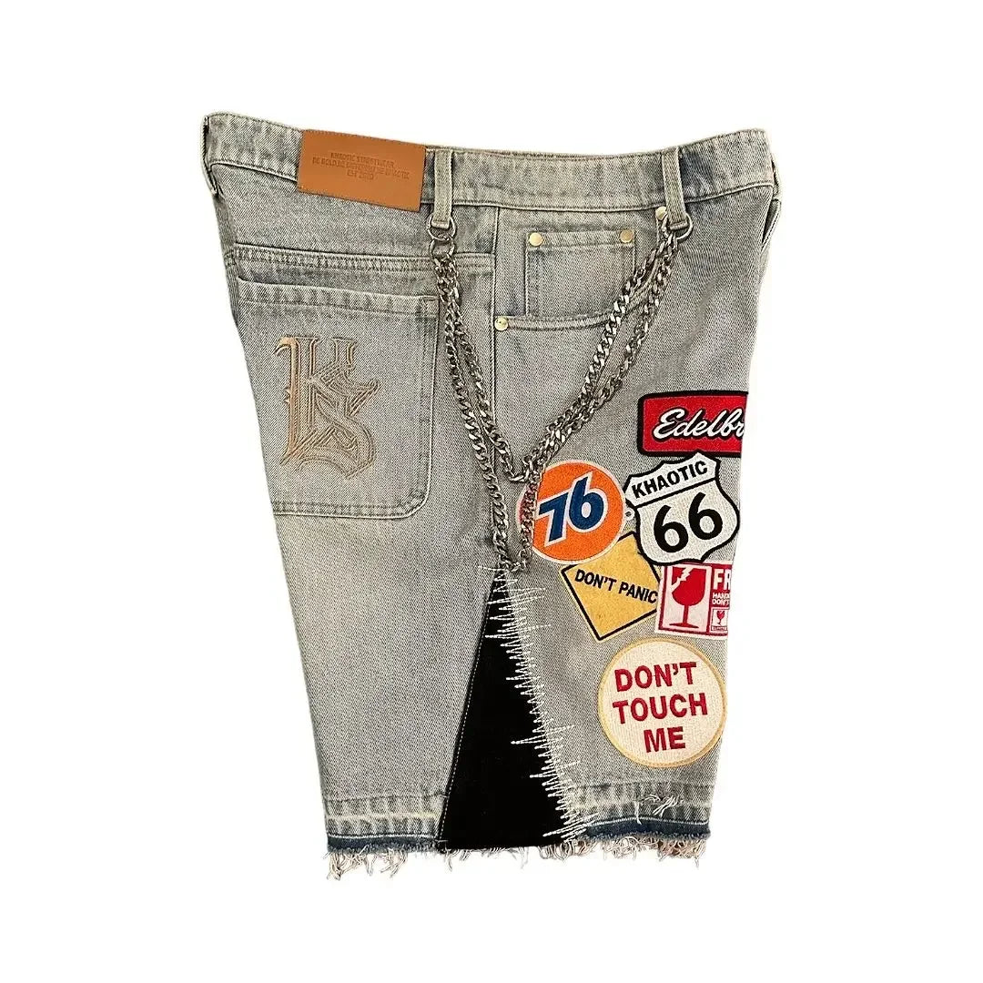 American Retro Denim Shorts, Y2K Jeans Harajuku Hip Hop Cartoon Embroidery Retro Baggy Shorts, Low Waist Sports Basketball Shorts