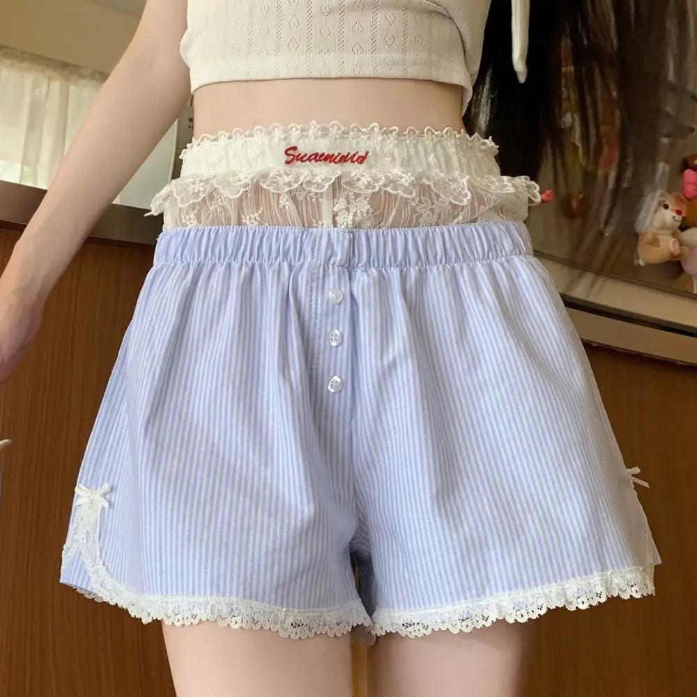 Sexy Cute Summer Striped Shorts, Blue Pink Elastic Waist Shorts, Button Embroidered Lace Shorts, Leggings for Women Girl