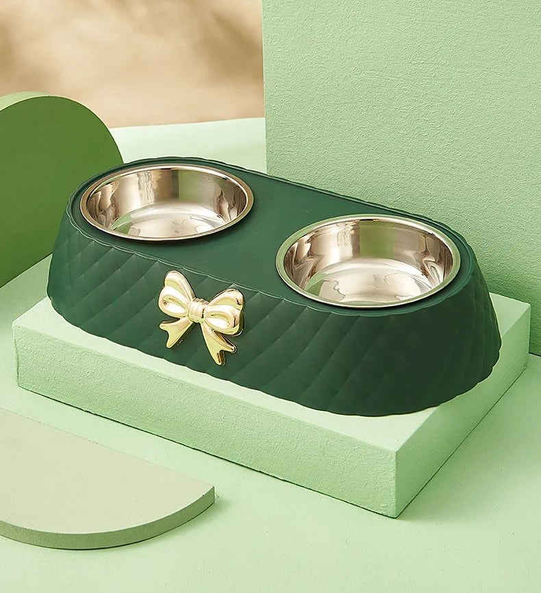 Pet Supplies, Bow-tie Bowknot Cats Food Bowl, PP Base Dog Bowl, Stainless Steel Double Pet Accessories, Feeding Drinking Double Bowl