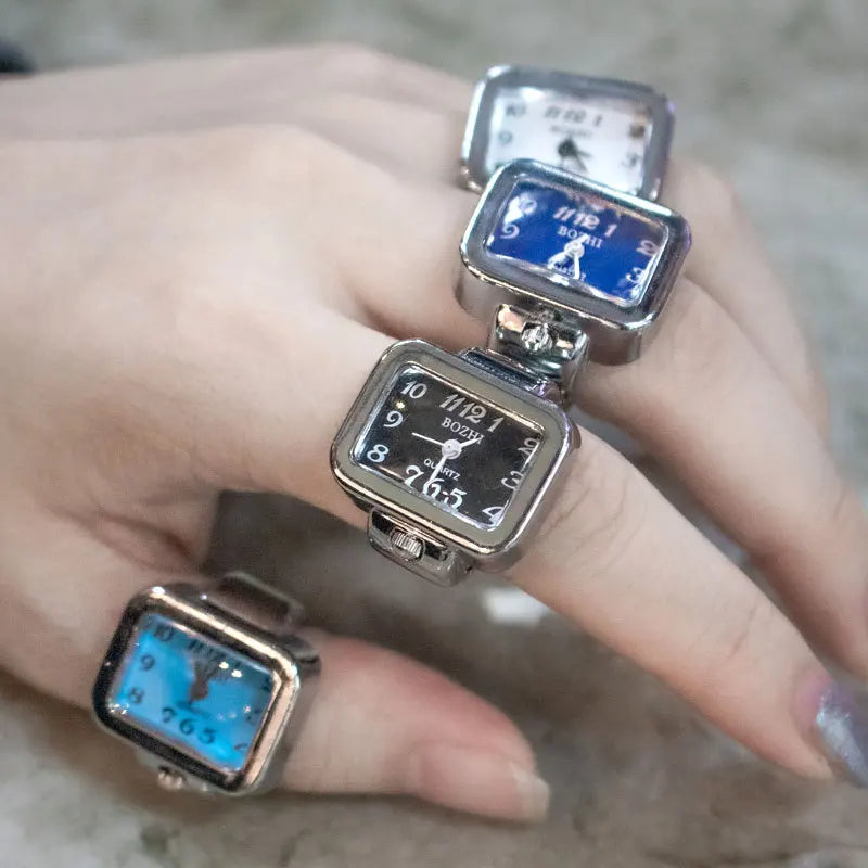 Vintage Punk Finger Watch, Mini Elastic Strap Alloy Watch, Couple Rings, Jewelry Clock, Retro Roman Quartz Watch Rings, For Women, For Men