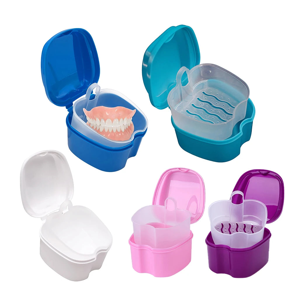 Denture Bath Box, Organizer, Dental False Teeth Storage Box with Hanging Net Container Cleaning Teeth Cases, Artificial Tooth Boxes