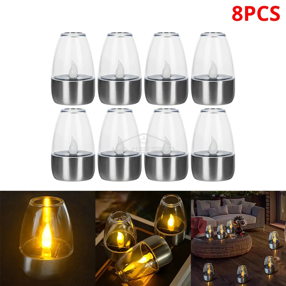 Solar Light LED Stainless Steel Candle, Outdoor Courtyard Decorative Atmosphere Night Lights Halloween Candlelight, Dinner Lamping
