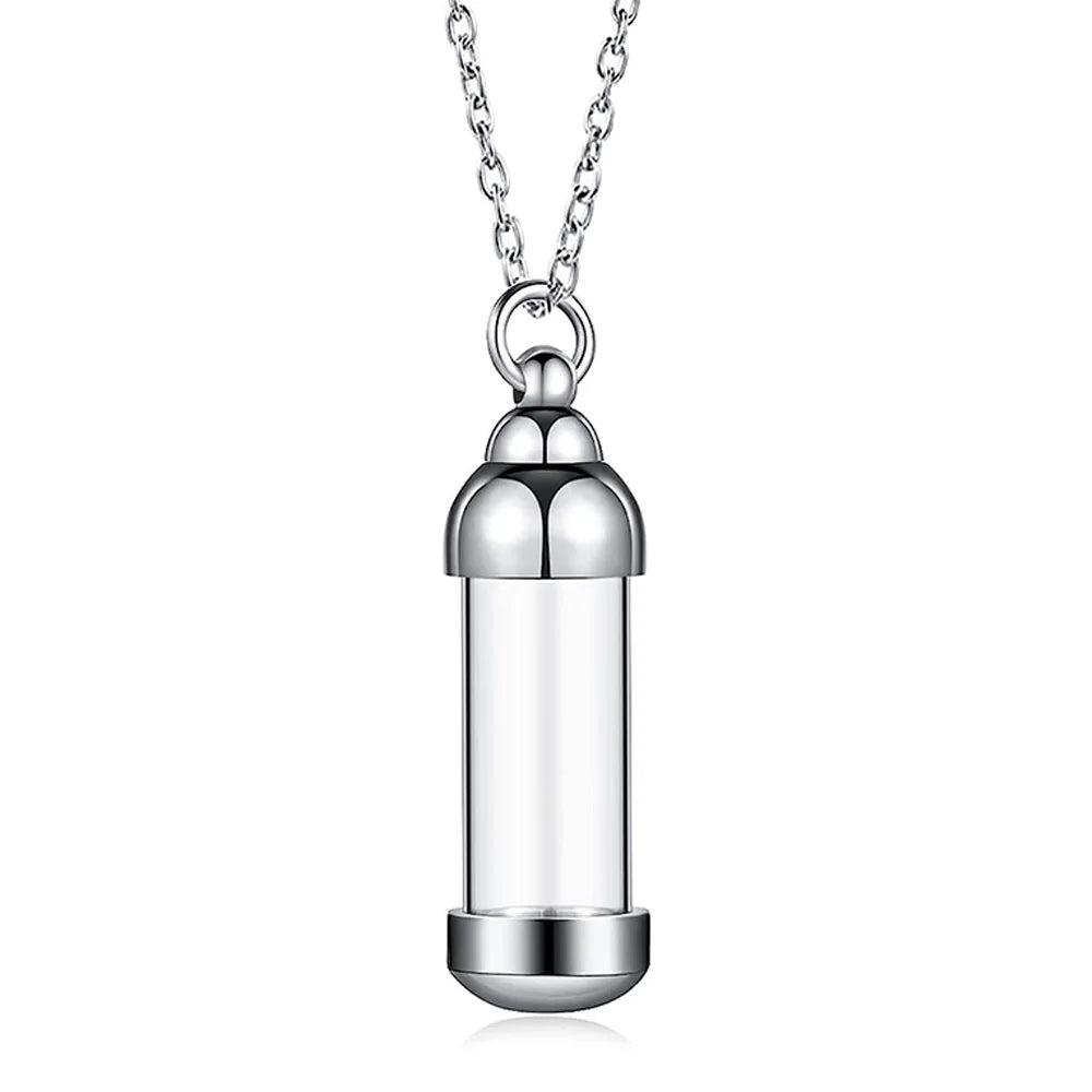 Cylinder Clear Glass Necklace Stainless Steel Glass Heart Vial Perfume Bottle Cremation Urn Pendant Necklace For Women Keepsake
