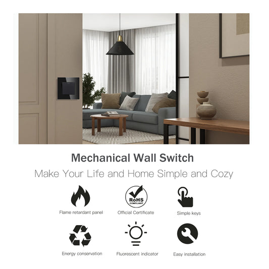 BSEED Mechanical Wall Light Push Switch 1/2 Gang 1 Way Automatic Rebound Switches Button With Glass Frame 250V