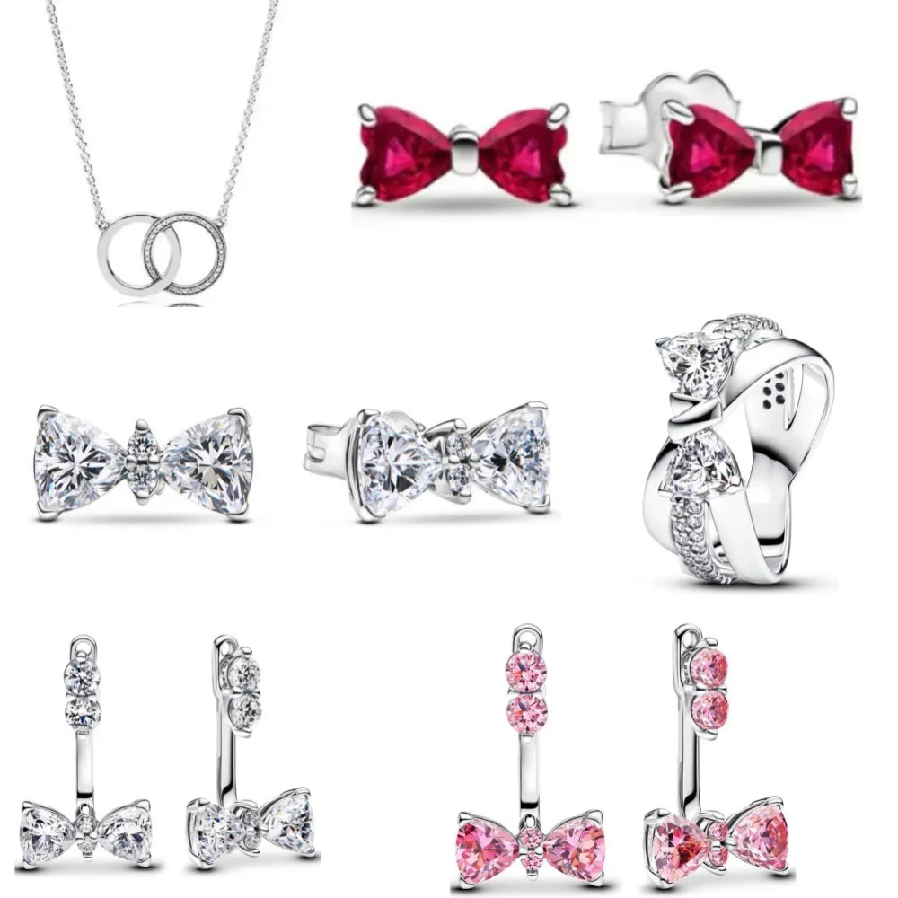 New 925 Silver bow Heart-shaped Ring Necklace, Suitable for Valentine's Day, Holiday Gifts for Women, DIY High-end, Fashion Jewelry