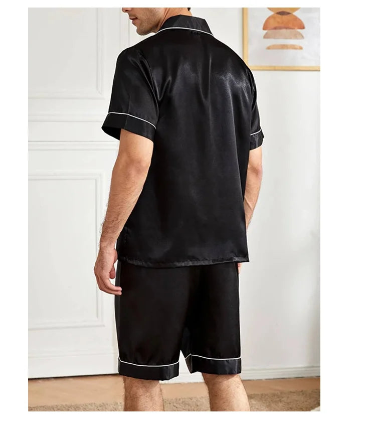 Men Satin Short Sleeve Pajama Set, Summer Sleepwear for Man, Button-Down Shirt & Elastic Waist Shorts, Pajamas Home Clothes, 2Piece