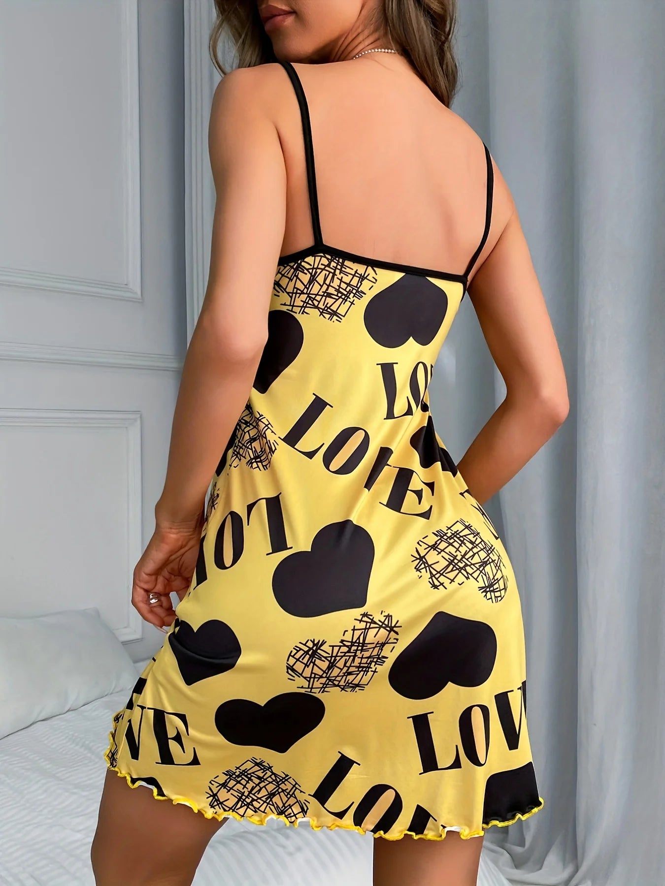 Women Summer Camisole Nightgown, Backless Heart LOVE Print Soft Breathable Sleepwear, Ruffle Hem Round Neck Night Dress